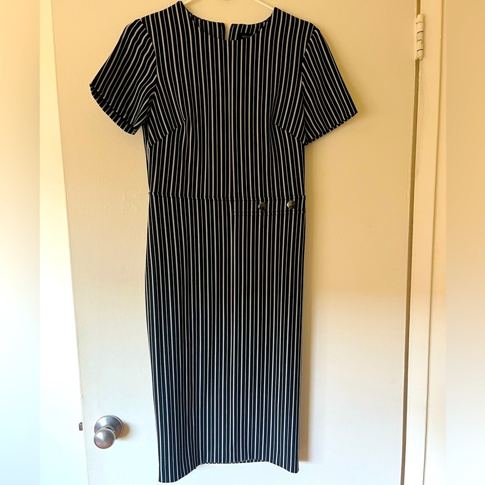 Black and white striped stretch shift dress